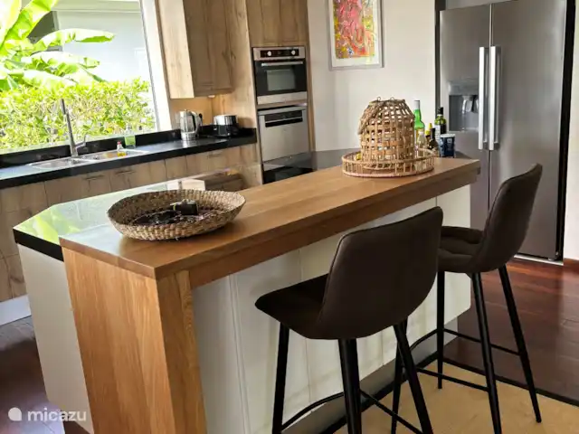 Cuisine ouverte moderne avec vue sur les bananiers